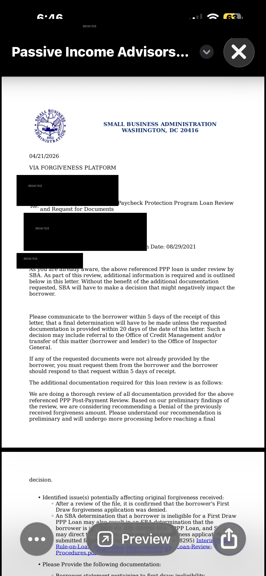 Redacted SBA post-payment review letter